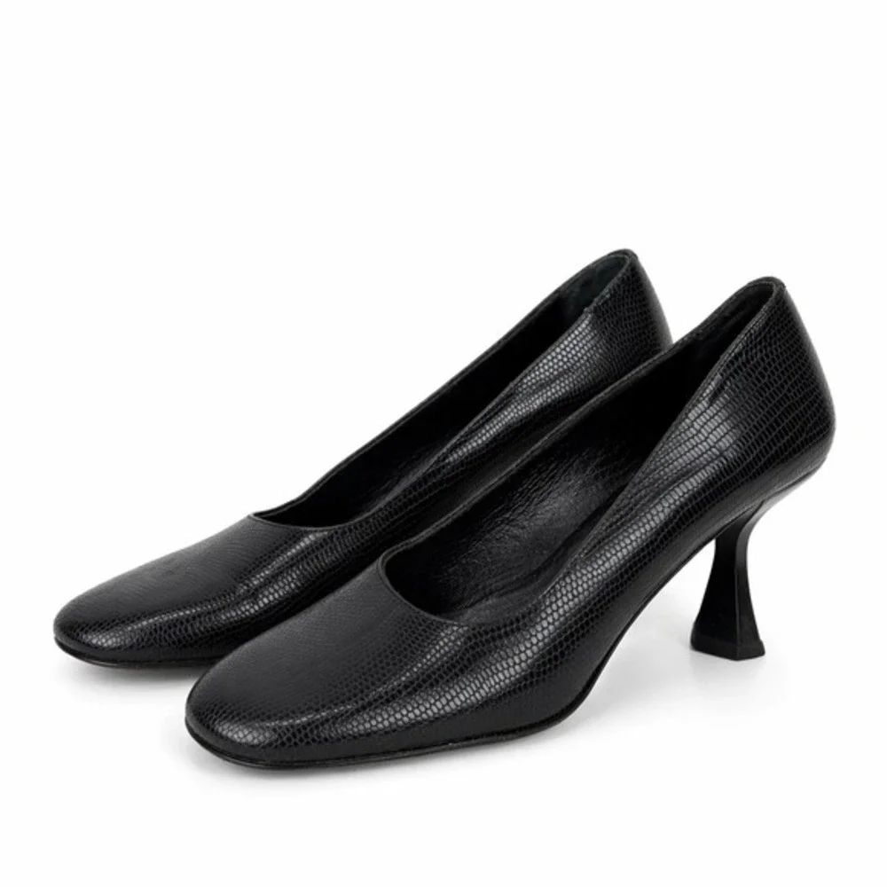 Classiques‎ Entier Black Lizard Embossed Leather Pumps Flared Heel Italy 7M